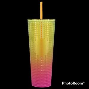 NWT Starbucks Venti 24 oz, Lemon Pink Gradient Grid